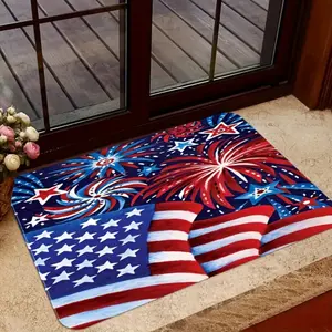 Patriotic Theme Doormat, Independence Day Theme Pattern, Machine-washable Indoor Carpet Containing National Flag and Fireworks Elements, Suitable for Front Door, Living Room, Kitchen-Independence Day, Polyester Fiber Home Decorative Mat