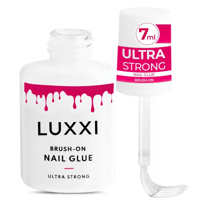 LUXXI Brush On Nail Glue for Press On Nails - Precision Applicator, Quick Air Dry Adhesive for Nail Tips, Artificial & Acrylic, Long Wear Hold, No Uv Lamp Needed | Pink Gel - 0.24oz