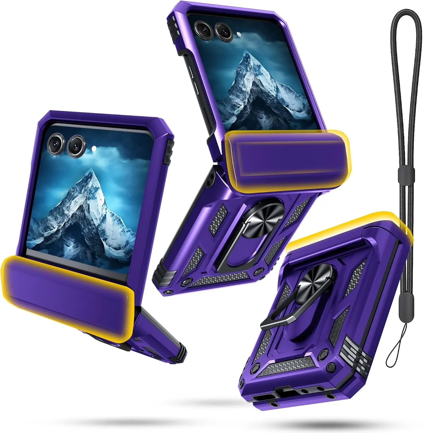 Case for Moto Razr 2024/2025/2026,Razr+ Plus 2024/2025/2026 with Lanyard+Hinge Protection+Finger Ring Holder Kickstand,Dual-Layer Full Body Protective Shockproof Phone Cover,Purple
