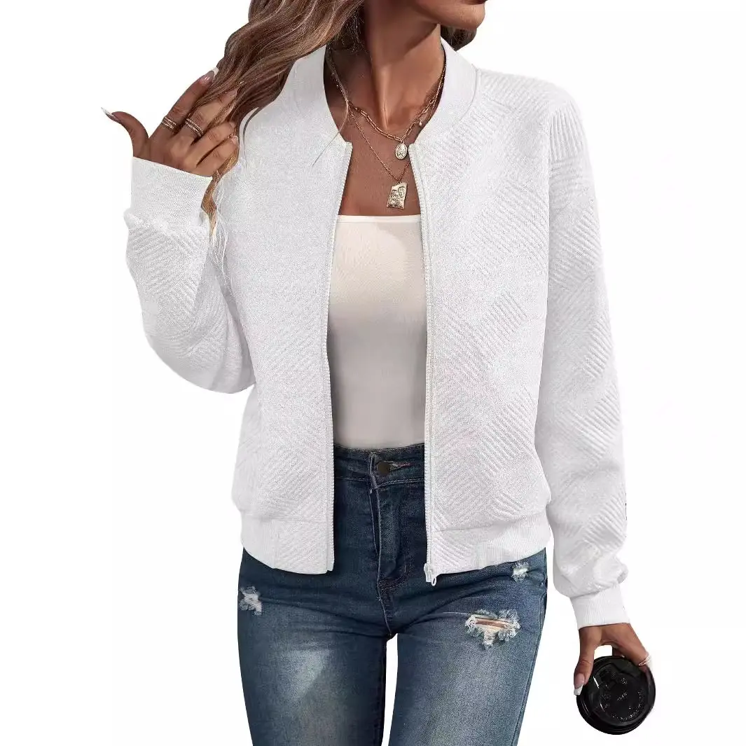Women's Zip Up Textured Lightweight Bomber Jacket Casual Long Sleeve Outerwear