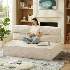Winzoo Beige Twin Convertible Sofa Bed, Corduroy Folding Loveseat with High-Density Foam for Living Room Bedroom