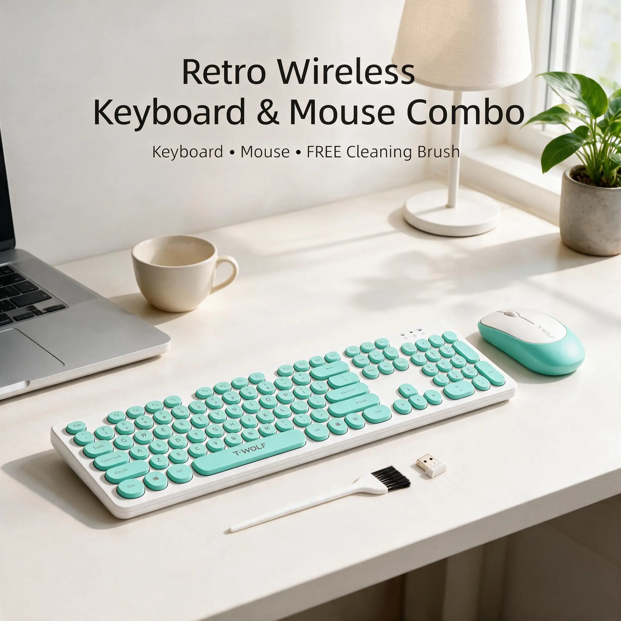 T-WOLF Wireless Keyboard and Mouse Combo, Full Size 104-Key Retro Typewriter Keyboard with Round Keycaps, 2.4GHz Plug & Play, FREE Cleaning Brush Included, Cute Desk Setup for Home Office, College Students & Gift