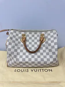 Pre-owned Louis Vuitton Canvas Coated Tote Bags LV Speedy 30 Hand Bag Damier Azur Leather White