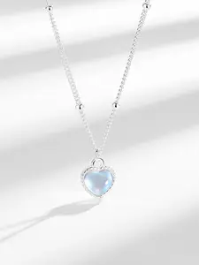 1 piece S925 pure silver gradient colorful moonstone love necklace for women, Heart Shaped Necklace, anti allergic jewelry is perfect for giving as a Valentine's Day or birthday gift to your girlfriend