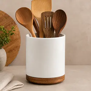 Ceramic Utensil Holder with Bamboo Base