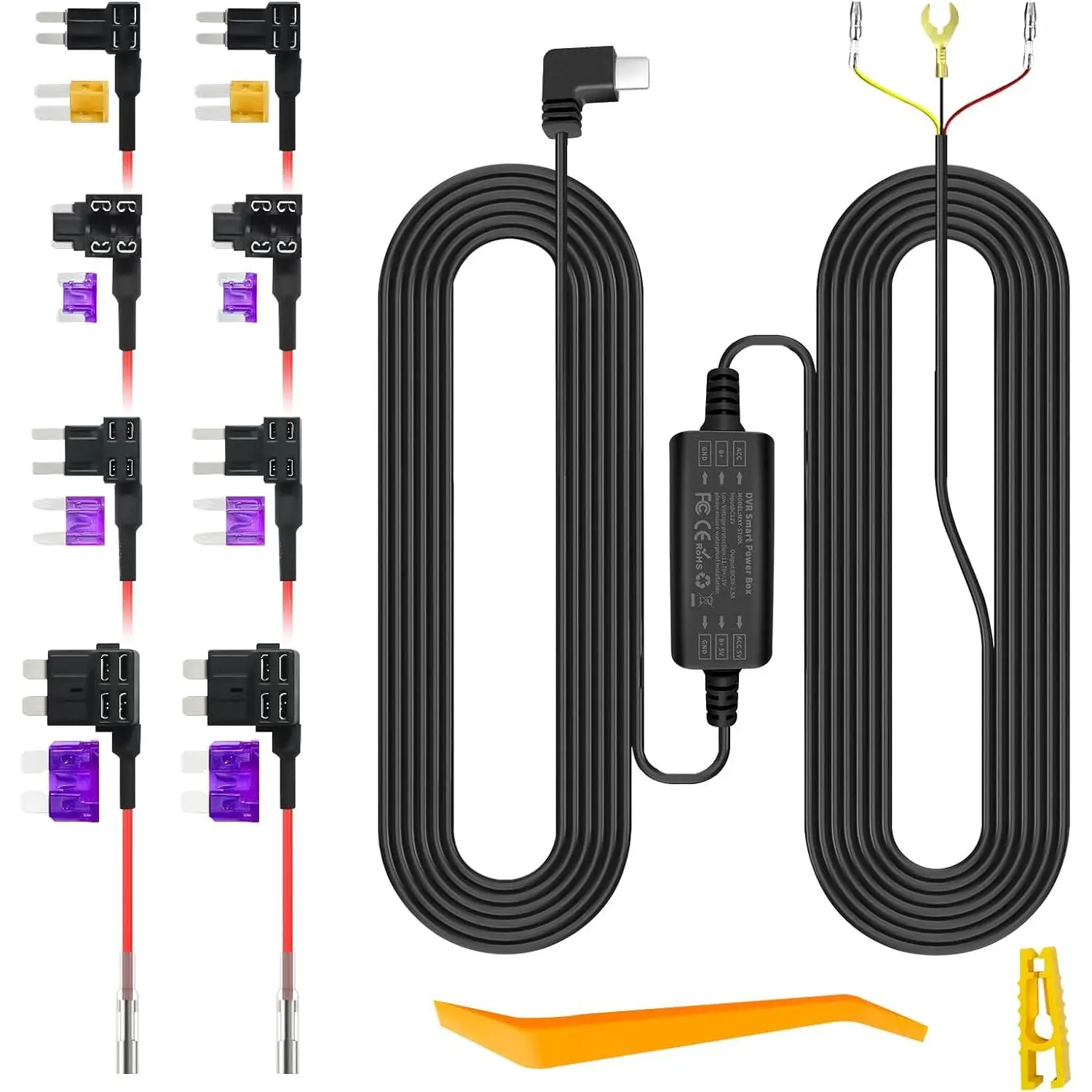 GYIOEUPT Hard-Wired Dashcam Installation Kit, 12V-24V Multi-Function Automotive Power Accessory with 24-Hour Parking Monitoring, Low Voltage Protection, USB-C Compatibility (5V 1A/3A), Hidden DIY Wiring, 8 Fuse Taps & Pry Tool,