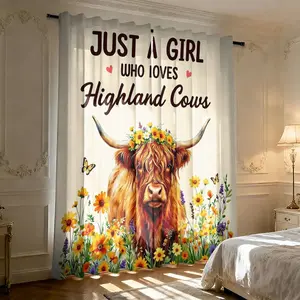 2 pieces of high-definition digital "Highland Cow" printed curtains. They offer semi-transparent protection for privacy, are resistant to fading, can be hand-washed or machine-washed, and are suitable for bedroom and living room decoration.