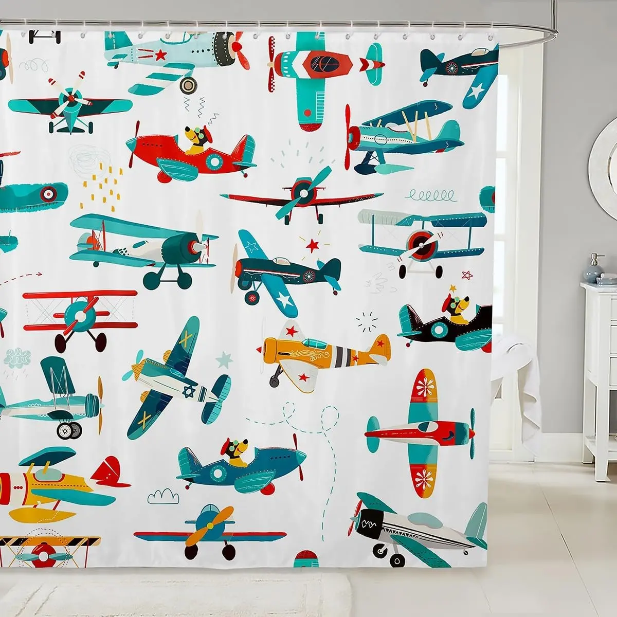 Cute Airplane Shower Curtain - Cartoon Plane Bathroom Curtain,Colorful Aviation Aircraft Waterproof,Star Lines,White,