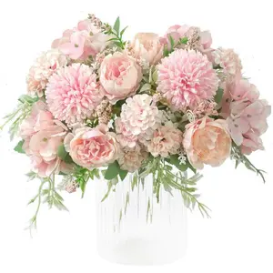 Fake Artificial Flowers Peony Silk Hydrangea Bouquet Decor Plastic Carnations Flower Arrangements Wedding Decoration Table Centerpieces Light Pink