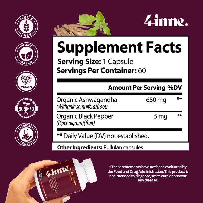 4inne Ashwagandha 1200mg Capsules Natural Supplement for Stress Relief & Calming Effects Non-GMO Verified