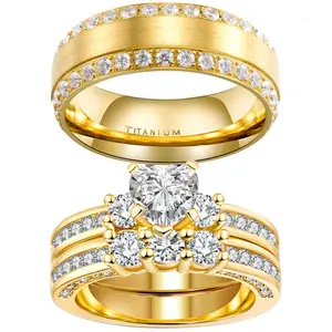 Couple Rings Matching Rings Yellow Gold Plated Three Stone Heart 1ct CZ 2pcs Women Wedding Ring Sets For Him And Her Ring Sets Men Titanium Steel Wedding Band