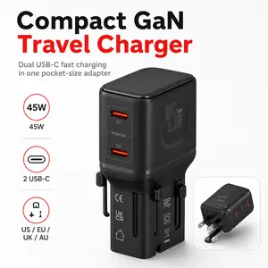 [Flash Fast] Travel Adapter and Wall Charger 45W with US/EU Plug Portable Converter for Fast Charging and Multi Device Support for Travelers and Frequent Flyers