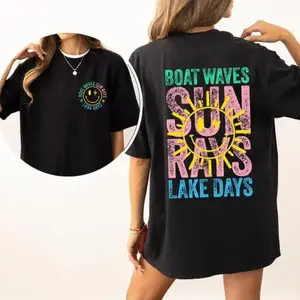 Boat Waves, Sun Rays, Lake Days, Lake Life, Summer, Boating, Lake Hair, Retro, Front and Back, Tshirt, Women's Tee, Tshirt