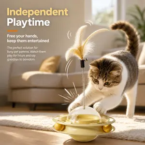 Interactive Cat Toy Tumbler - UFO Puzzle Toy with Feather Teaser Wand and Spinning Ball Track - Multi-Functional Treat Dispensing Toy for Indoor Cats and Kittens - Physical & Mental Stimulation  cat stuff for indoor