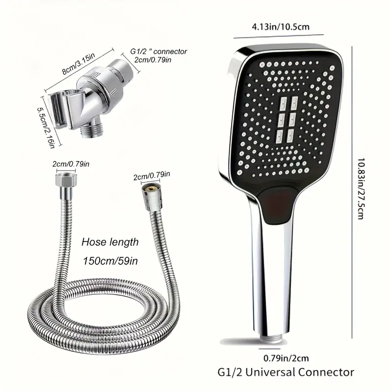 5pcs AQUAECRAFT Square Button Shower Set |     Strong And Even Water Flow, Self-Cleaning Nozzle, Anti-Clogging And Diversion, Easy to Clean And Smooth Water Outlet, Stainless Steel Thickened Hand Shower Head with Extension Pipe Bracket, Wall Mount