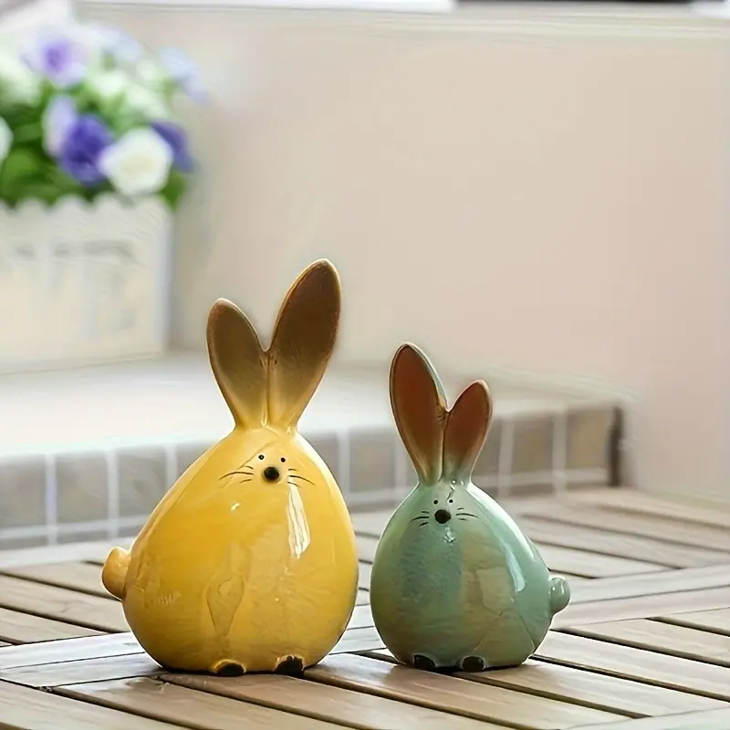 Set of 2 Resin Rabbit Figurines, Hand-In-Hand Chic Sculpture, Whimsical Decor for Shelf, Desk, Nightstand, Living Room