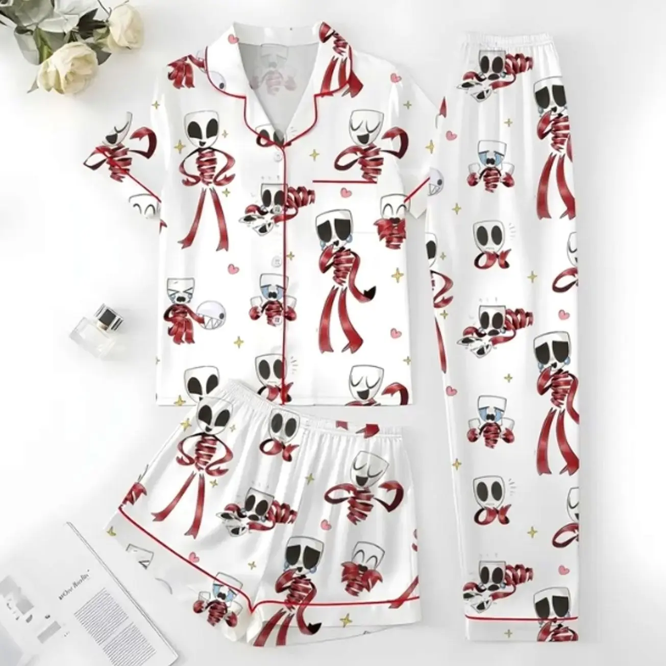 Women’s Cute Circus Character Pajamas Set, Funny Magic Monster Pattern Button Sleepwear, Soft 2-Piece Short Sleeve Summer Home Wear, Loungewear