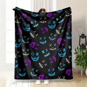 Neon Glowing Face Pattern Flannel Blanket Cool Aesthetic Expression Print Ultra Soft Plush Warm Lightweight Throw for Modern Living Room Decor Cozy Bedding Halloween Night Party