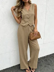 Two piece set of women's fashionable light and mature fitted commuting suit with sleeveless vneck vest and high waisted wide leg pants, suitable for summer, daily commuting to work, shopping, traveling, and casual temperament