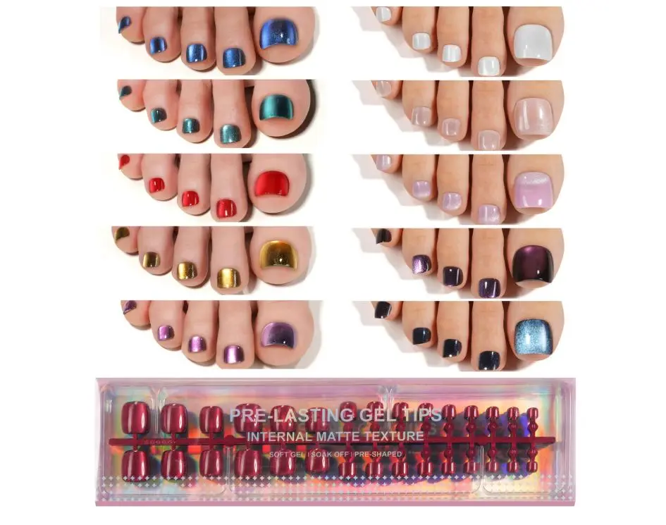 300Pcs Cat Eye Toe Nail Tips, Toe Press on Nails, 10 Colors Glossy Glitter Cat Eye Fake Nails, Soft Gel Stick On Nails for Women and Girls 15 Sizes
