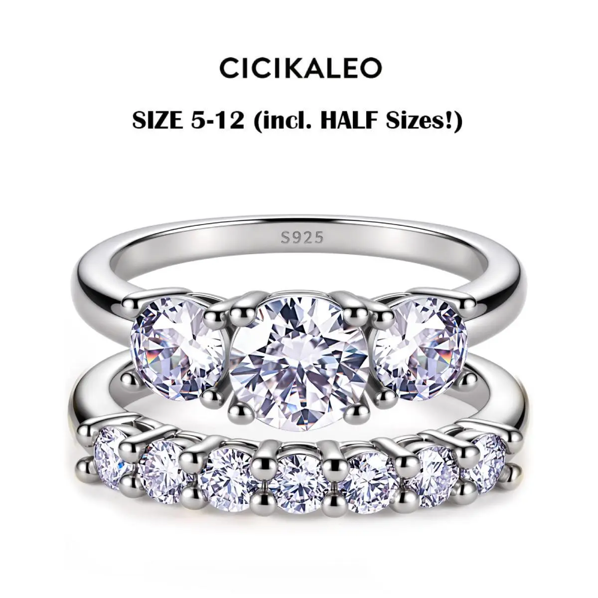 CICIKALEO S925 Sterling Silver Moissanite Rings for Women, 1CT 2-Piece 3-Stone Stackable Wedding Ring Set, Lab-Created Engagement Promise Anniversary Gift R1