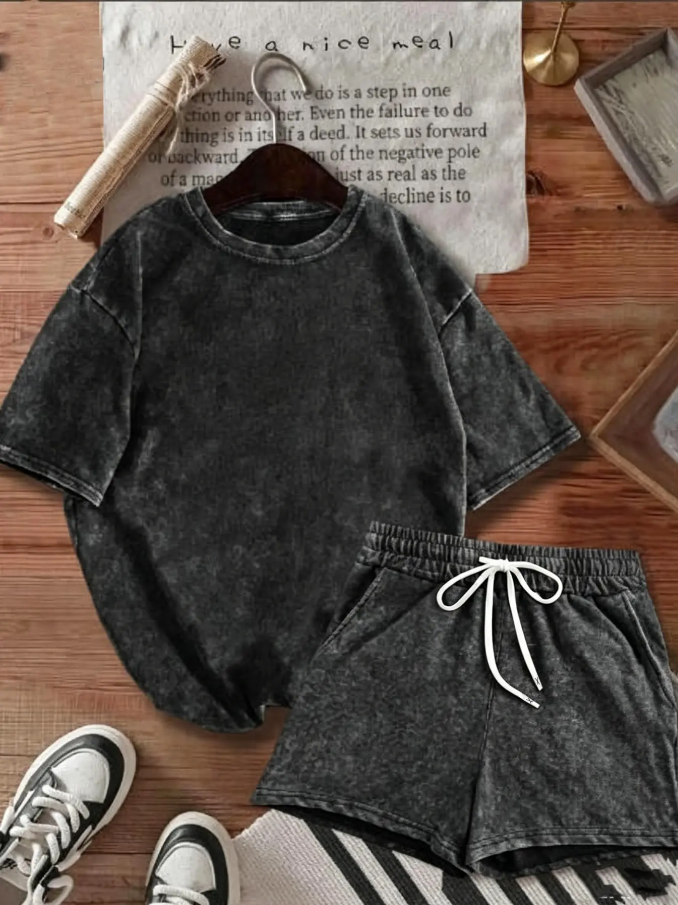 American Retro Snowflake Summer New Round Neck Basic Casual Loose Washed Cotton T-Shirt Women + Tie Waist Adjustable Elastic Wide Leg Shorts Set Womenswear Clothes