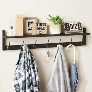 Wall Hooks with Shelf 35 Inch Length Entryway Wall Hanging Shelf  Coat Hooks for Wall with Shelf Wall-Mounted Coat Hook Rack with 7 Dual Hooks for Bathroom, Living Room, Bedroom (Black)