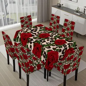 5/7-piece 2D Flat Printing Red Roses on Leopard Print Printing Pattern Tablecloth and Chair Cover Set, for dining table and chair decoration, perfect for home, holiday gatherings, restaurants, and parties.