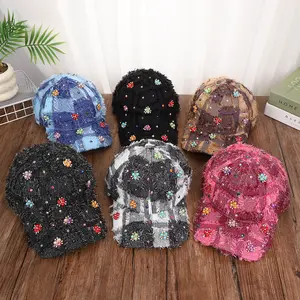 Distressed Rhinestone Baseball Cap | Embellished Pearl Floral Bling Hat