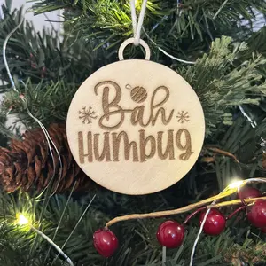 Bah Humbug Wooden Christmas Ornament with Chirping Cricket Sound Engraved Wood Holiday Decoration w Hidden Noise Maker Fun Gag Gift for Family Friends Tree Switch