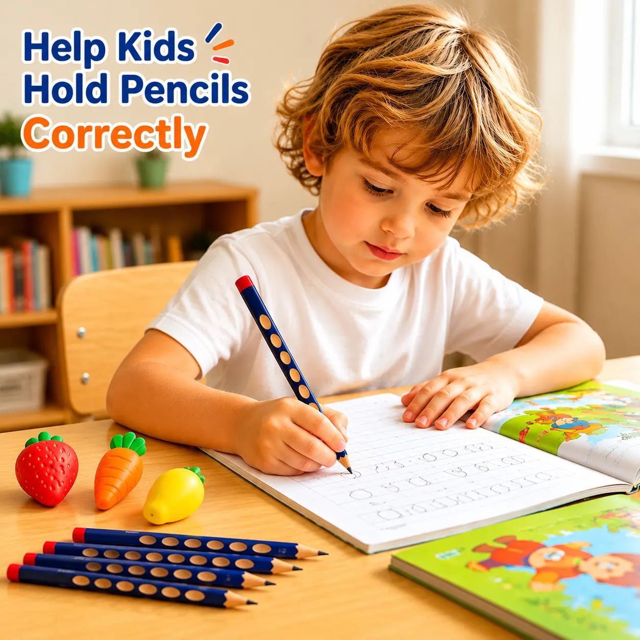 10 Pack Ergonomic Hole Pencils for Elementary Students - Back to School Haul Stationery Set, Posture Aid for Correct Grip, Helps Kids Hold Pencils Correctly, Includes 3 Cute Fruit Free Erasers