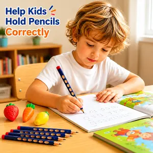 10 Pack Ergonomic Hole Pencils for Kids Writing Posture Correction, Free 3 Cute Fruit Erasers, Back to School Stationery Setv