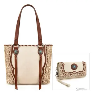 Trinity Ranch Tooled Concho Concealed Carry Tote Bag w/ Matching Wallet