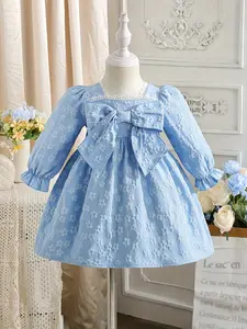 Summer Lolita dress for girls, Cute dress, court style, blue jacquard dress for girls, flower dress, lace square collar+oversized bow+bubble long sleeves, Valentine's Day gift, suitable for one year old parties, kindergarten performances
