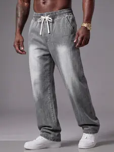 Men's Drawstring Elastic Waist Denim Jeans, Washed Vintage Straight Leg, Comfortable Fitted Design, Ideal for Daily Wear & Trendy Style