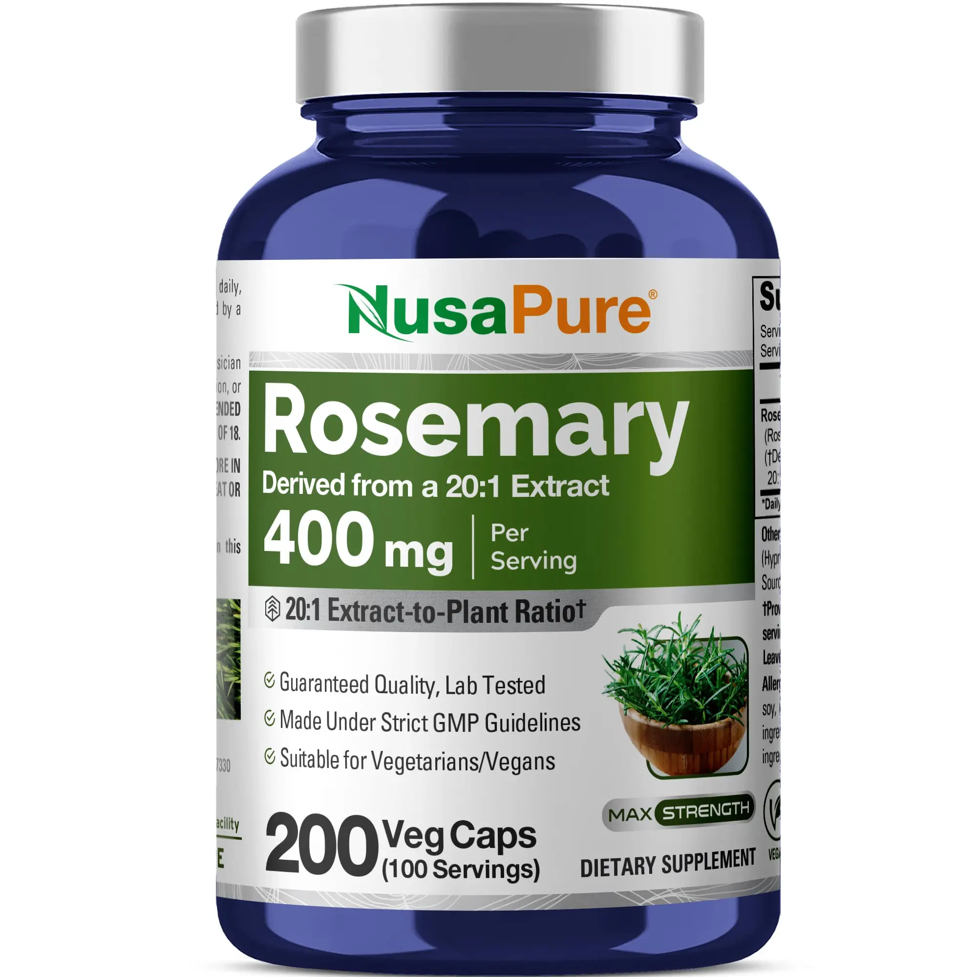 NusaPure Rosemary Herbal Veggie Capsules - 20:1 All Natural Extract, 400 mg, 200 Count, Unflavored, Non-GMO, Vegetarian, Gut Support, Wellness Essential Dietary Vegan Supplement, All Natural Supplement, Wellness Essential Supplements