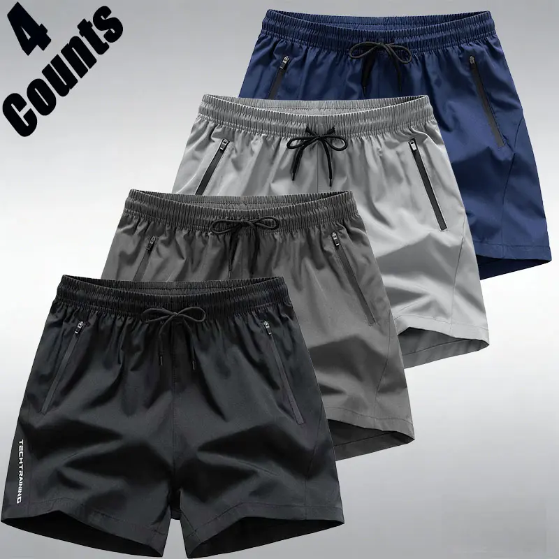 4-pack men’s loose quick-dry athletic shorts—outdoor casual running style. Breathable, quick-drying, skin-friendly fabric that feels cool, wicks sweat, and doesn’t feel clingy. Elastic drawstring waistband fits various waist sizes. Side large-capacity zip
