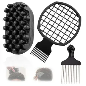 Men's 3Pcs Freeform Twists Hair Styling Kit - Silicone Curling Brush, Metal Afro Pick Comb, Durable Washable Curl Sponge - Gift for Black Men with Natural Hair, Dreadlocks, Coils