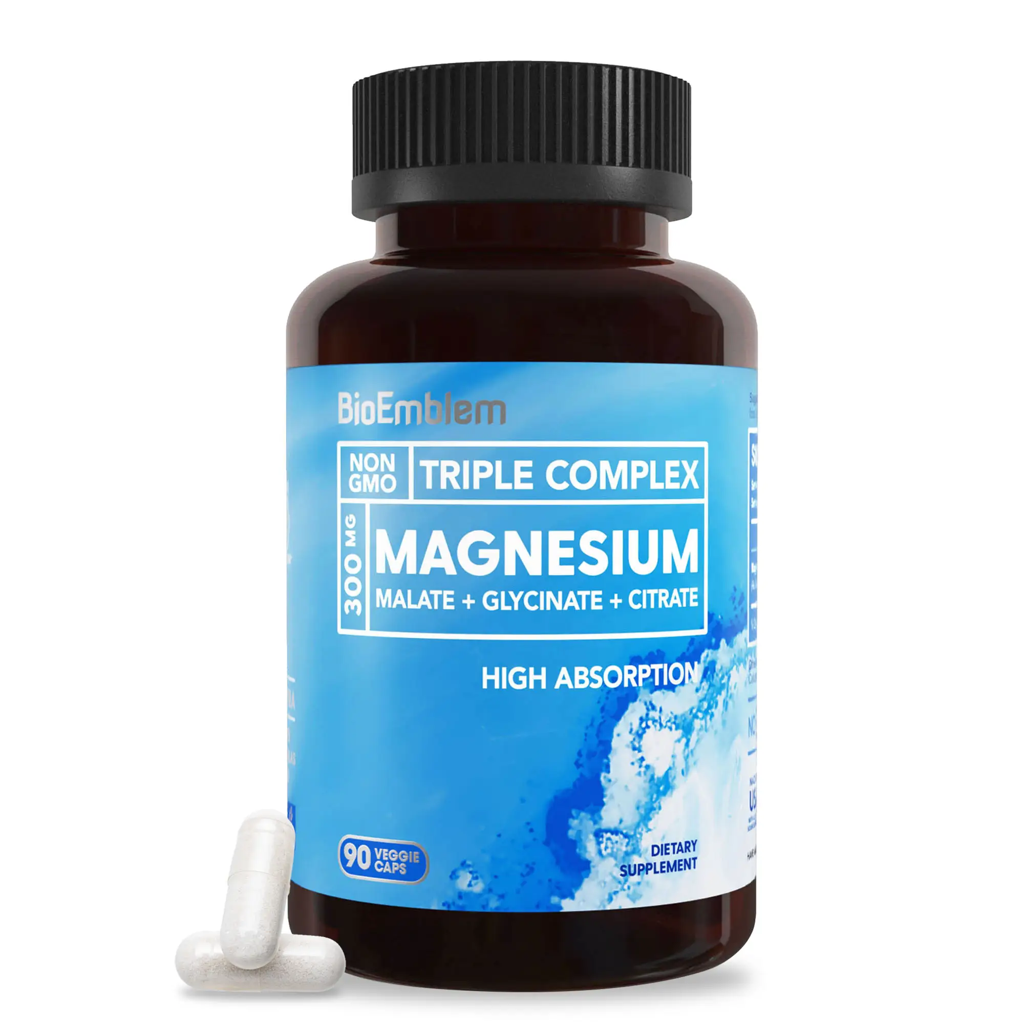 BioEmblem Triple Magnesium Complex | 300mg of Magnesium Glycinate, Malate, & Citrate for Muscles, Nerves, & Energy | High Absorption | Vegan,
