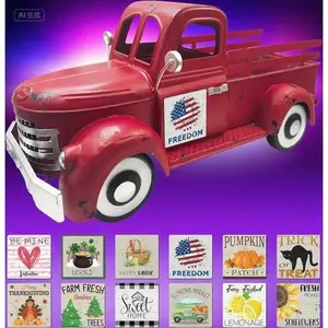 Vintage Red Farmhouse Truck Decor with 12 Magnets - 13.4 Inch Seasonal Table Sign - Interchangeable Metal Pickup - Freedom Garden Planter - Patriotic Independence Day Display Decoration Decorative Set Antique Christmas Door Gift Kitchen Paint Plastic