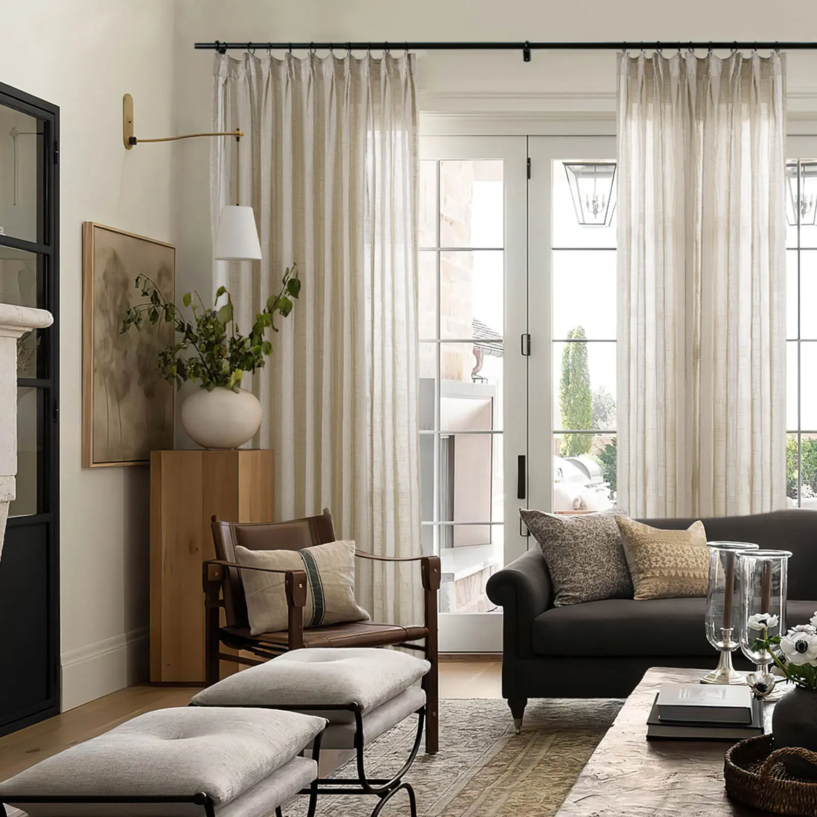 TWOPAGES Flynn Pleated Curtains, 2-Panel Adjustable Light Filtering Window Drapes, Airy Semi-Transparent Privacy Drapes for Bedroom, Scandinavian Modern Cottage Style