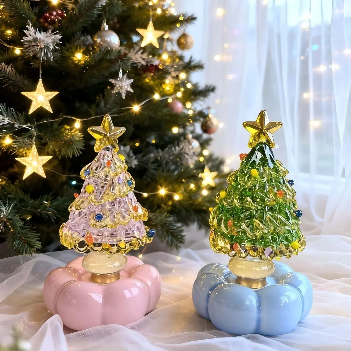 Mini Rotating Christmas Tree Ornament, Resin Tree with Ceramic Base