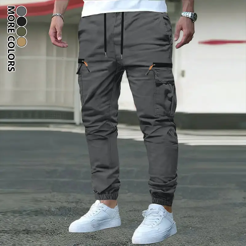 Men's Plain Cargo Pants - Menswear, Lightweight Polyester, Loose-Fit, Casual Style for Daily Wear, Multi-Pocket, Drawstring Waist, All-Season
