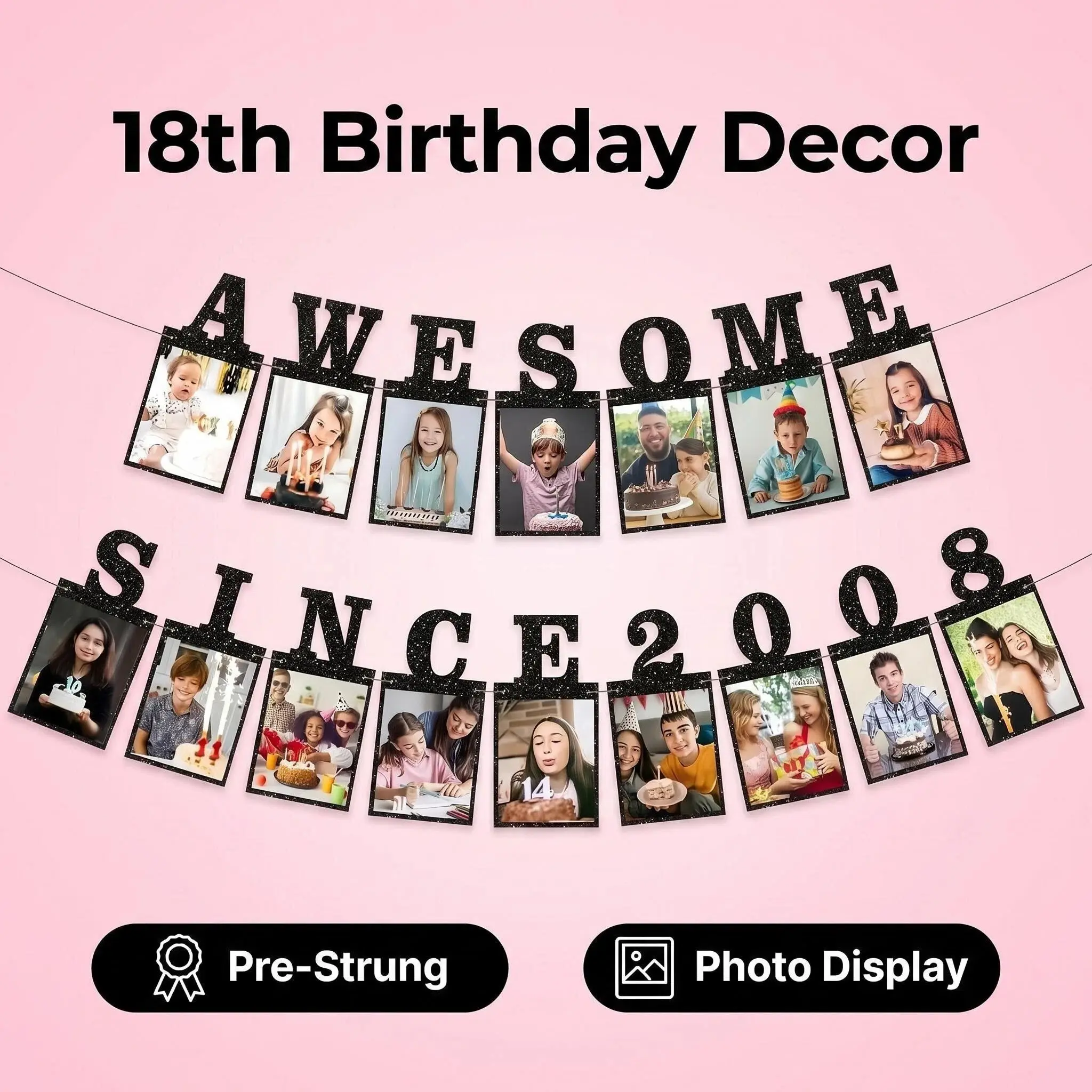 Awesome Sin 2008 Photo Banner for Girl Boy Birthday Decor, Glitter Sweet 18th Birthday and Anniversary Party Supplies, Party Decoration Banner, Decorative Banner, Party Decorations Banners