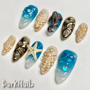 3D Sea Beach Press On Nails, Starfish Shell Shark Nail Art, Summer Vacation Ocean Nails, Handmade Reusable Almond Nail Set