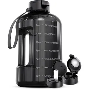 128 oz Water Bottle with Time Marker - Straw & Chug Lid - BPA Free 1 Gallon Gym Water Bottle with Handle - Big Gallon Jug (Gray, 128 Ounces)