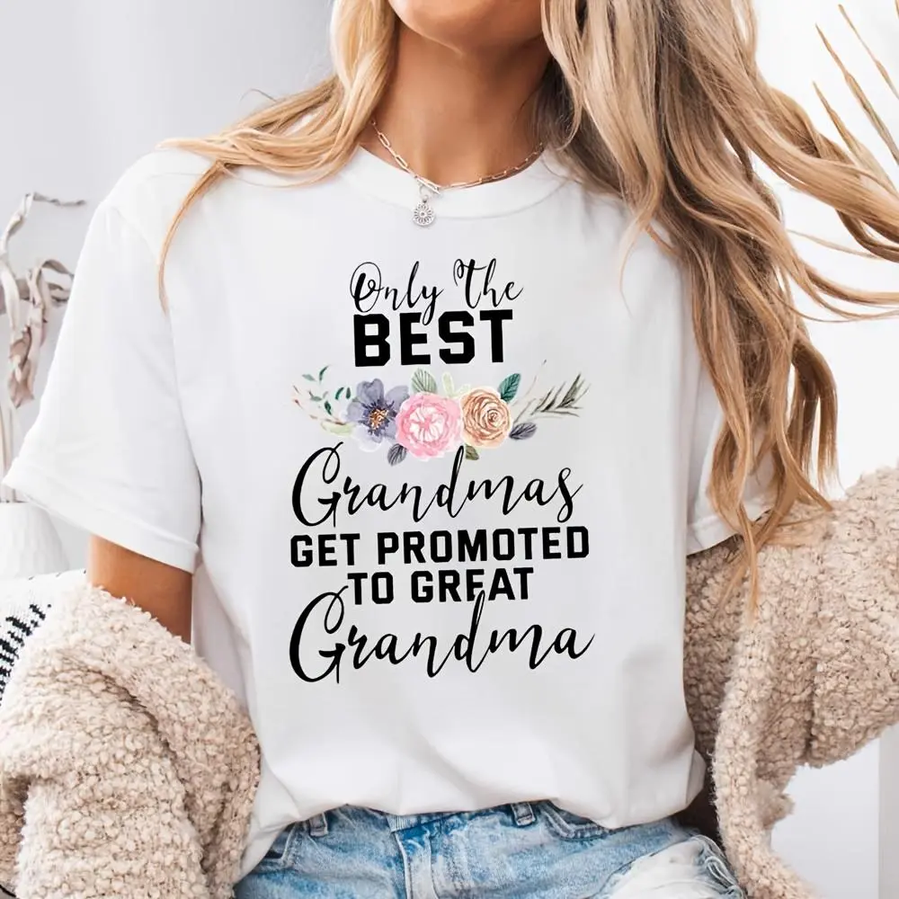 Floral Only The Best Grandmas Get Promoted To Great Grandma Print, Neck Drop Shoulder T-Shirt, Mother's Day Family Gift, Casual Daily Wear