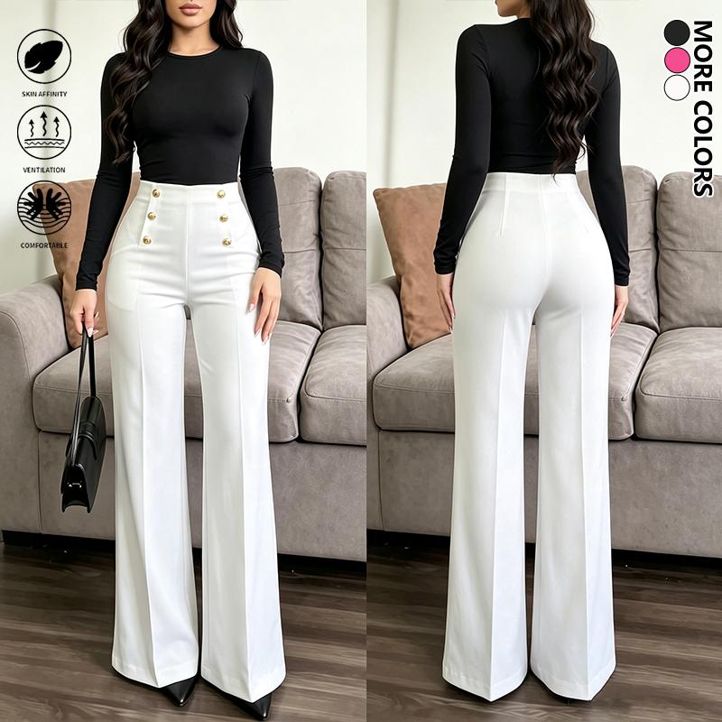 Women’s fashion casual comfortable breathable high-waisted loose wide-leg pants, 1-piece set; solid color elegant straight floor-length pants that flatter the figure, versatile for all seasons; trendy bottoms