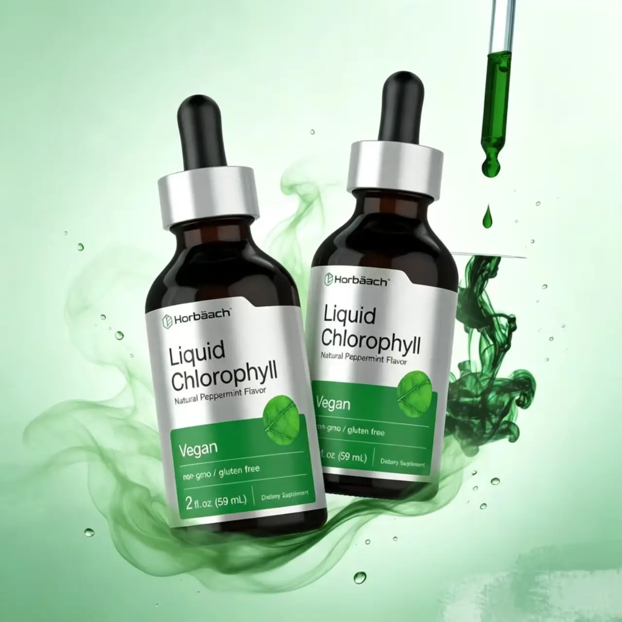 【2 pack】Horbäach Liquid Chlorophyll Drops - 2 oz - Vegan, Non-GMO, and Gluten Free Formula - Natural Peppermint Flavor