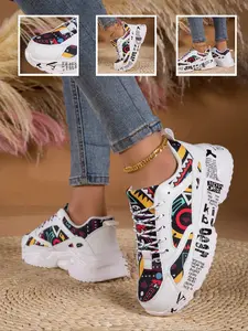 Women's Ethnic Graffiti Print Dad Shoes, Thick Sole Height-Boosting Casual Sports Shoes, Breathable Mesh Laces, Street Style Sneakers